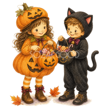 お菓子バケツを見せ合うかぼちゃと黒猫の子どもイラスト｜ハロウィン無料素材95320
