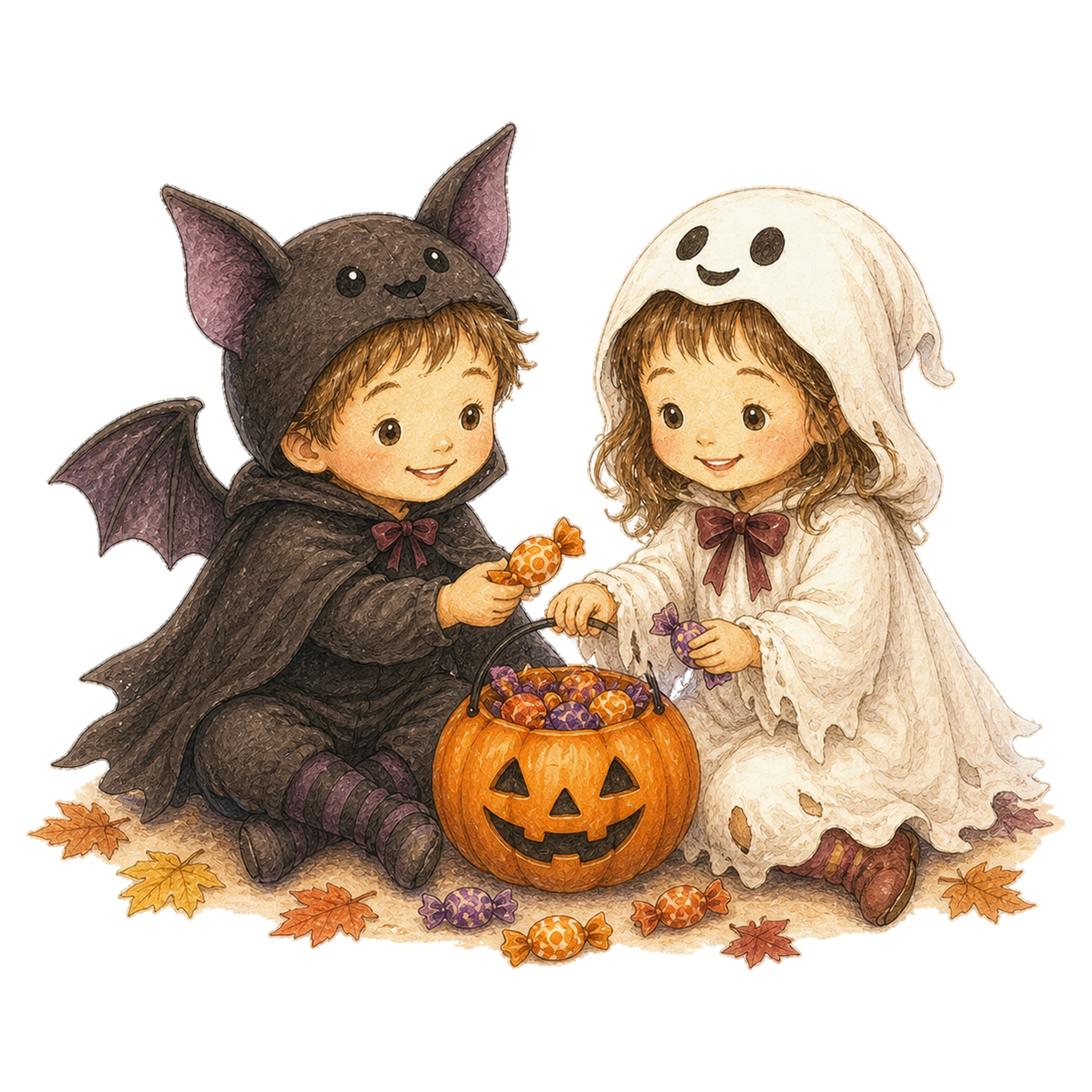 キャンディーを分け合うコウモリとおばけの子どもイラスト｜ハロウィン無料素材95321に写真・文字を入れる
