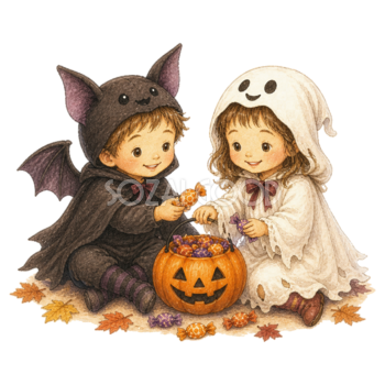 キャンディーを分け合うコウモリとおばけの子どもイラスト｜ハロウィン無料素材95321