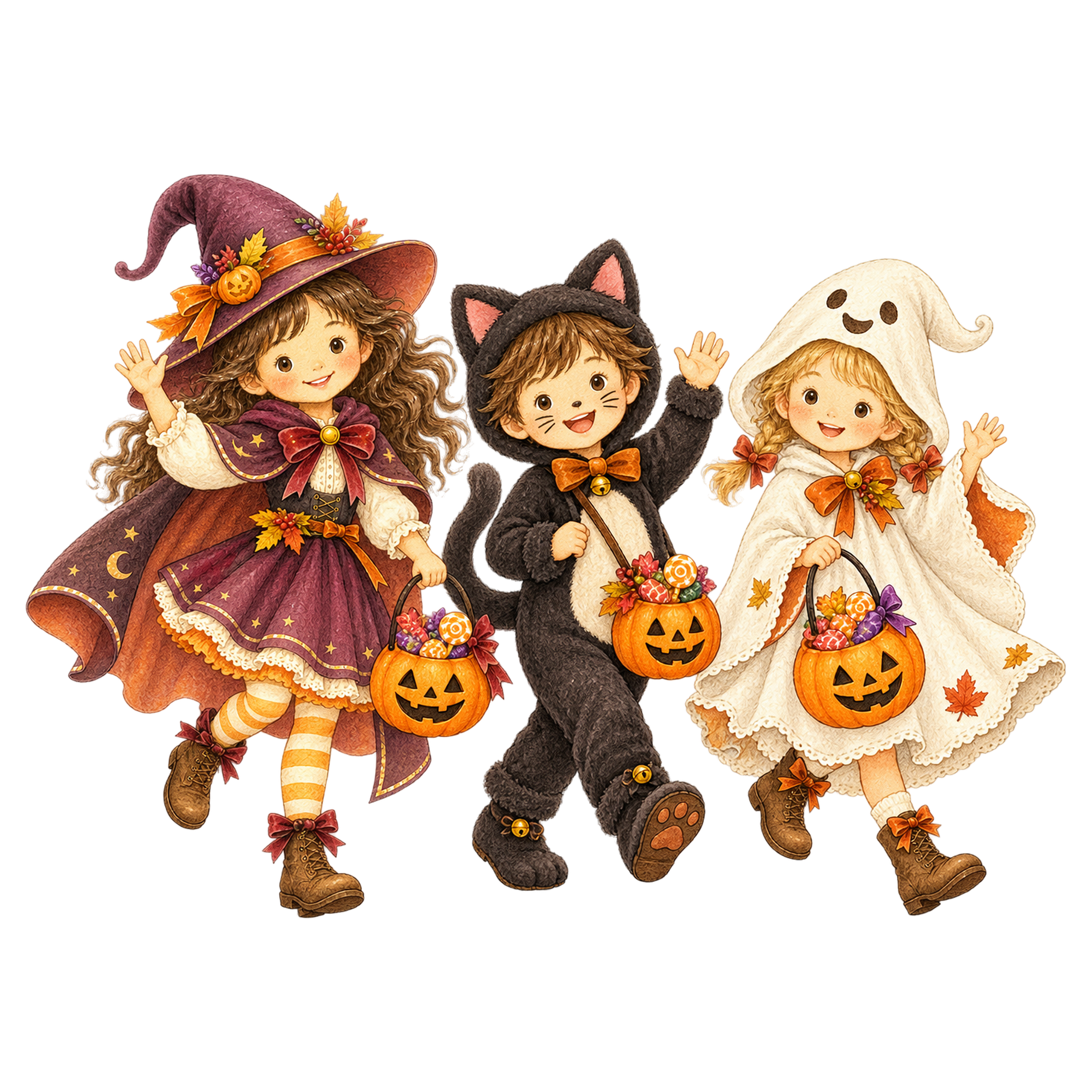 手を振る子どものハロウィン仮装パレードイラスト｜かわいい無料素材95322に写真・文字を入れる