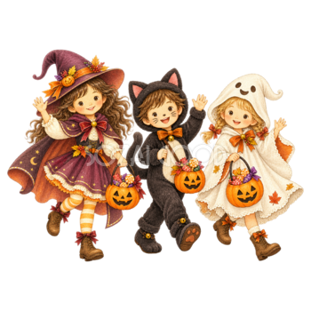 手を振る子どものハロウィン仮装パレードイラスト｜かわいい無料素材95322