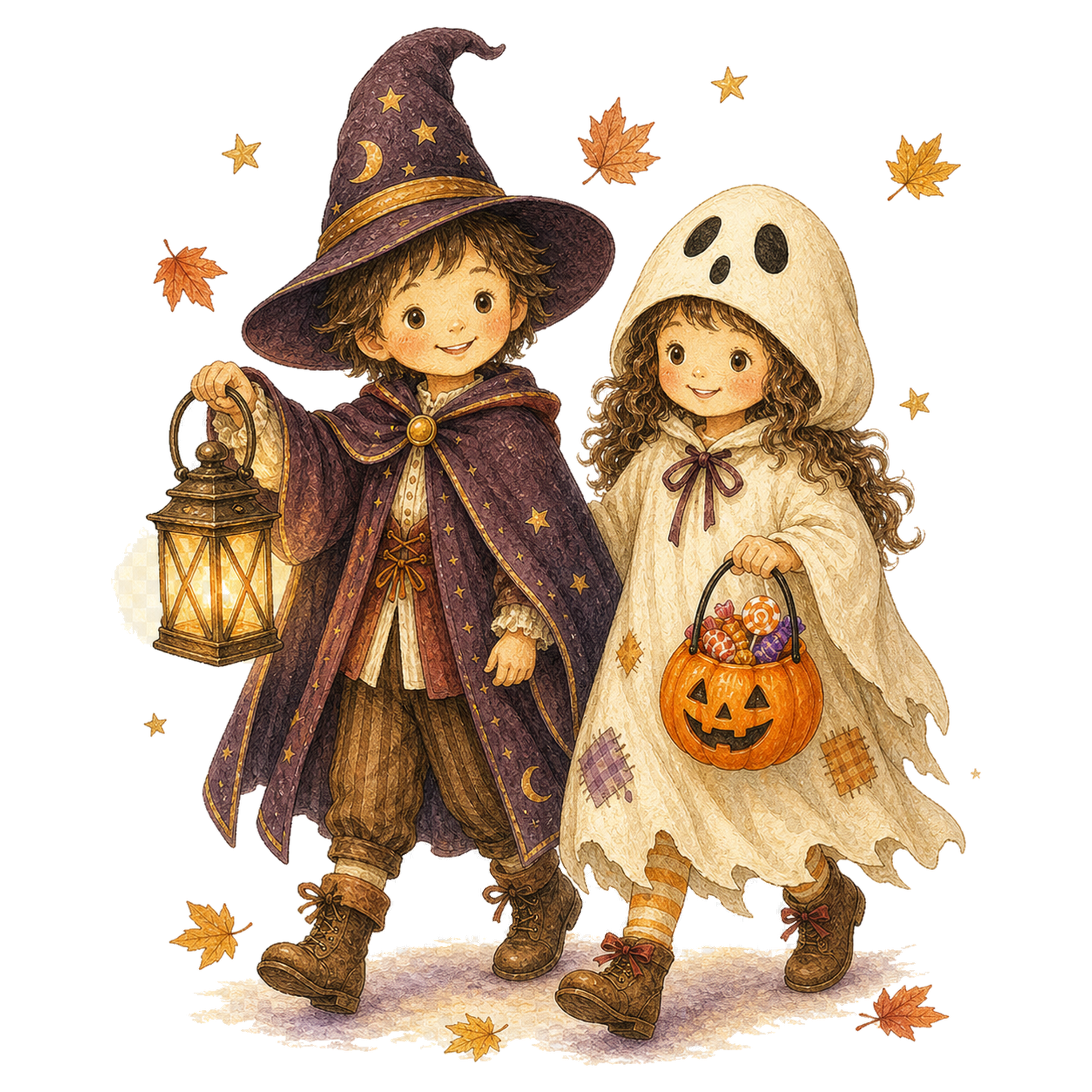ランタンを持って歩く魔法使いとおばけの子どもイラスト｜ハロウィン無料素材95323に写真・文字を入れる