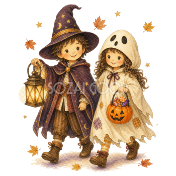 ランタンを持って歩く魔法使いとおばけの子どもイラスト｜ハロウィン無料素材95323