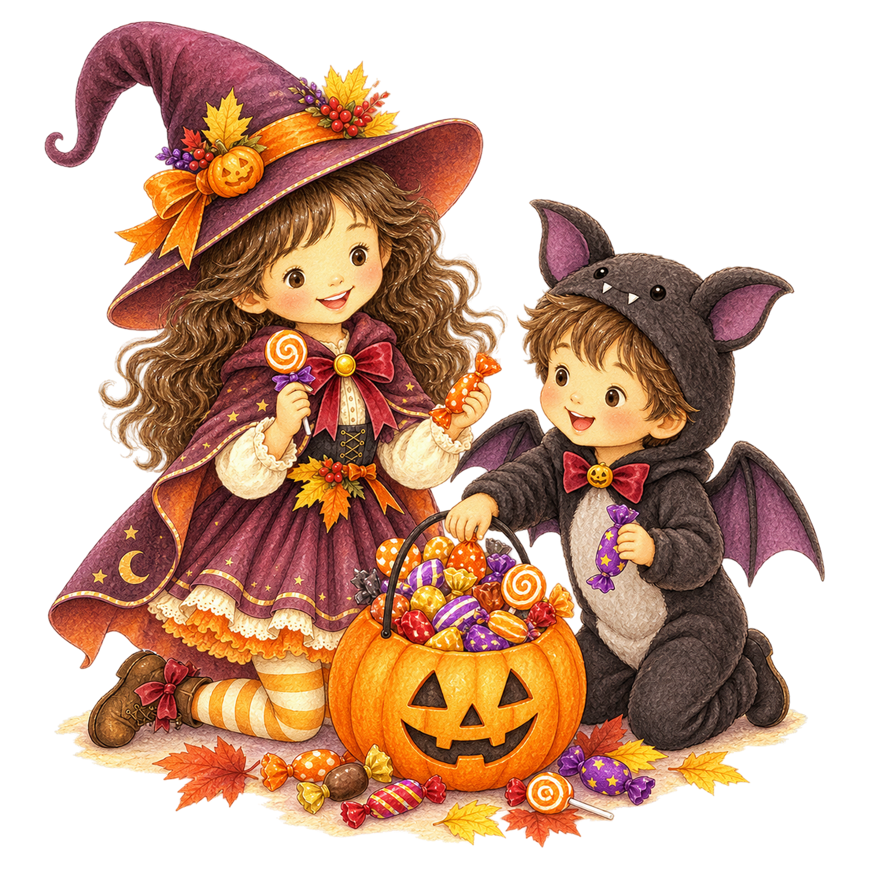 たくさんのお菓子に喜ぶ魔女とコウモリの子どもイラスト｜ハロウィン無料素材95325に写真・文字を入れる
