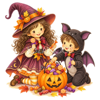 たくさんのお菓子に喜ぶ魔女とコウモリの子どもイラスト｜ハロウィン無料素材95325