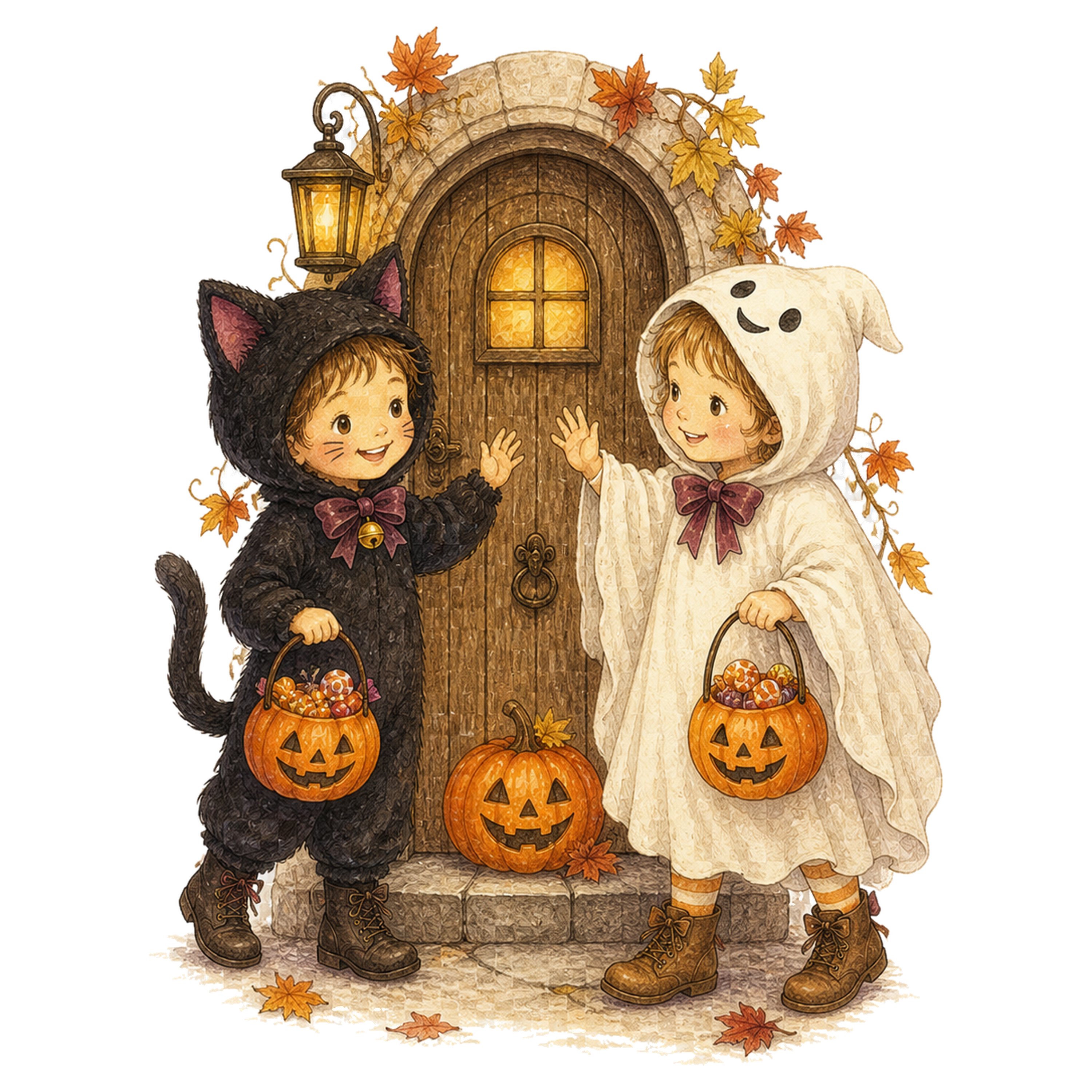 玄関前で挨拶する黒猫とおばけの子どもイラスト｜ハロウィン無料素材95326に写真・文字を入れる