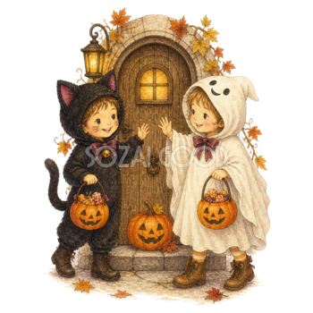玄関前で挨拶する黒猫とおばけの子どもイラスト｜ハロウィン無料素材95326