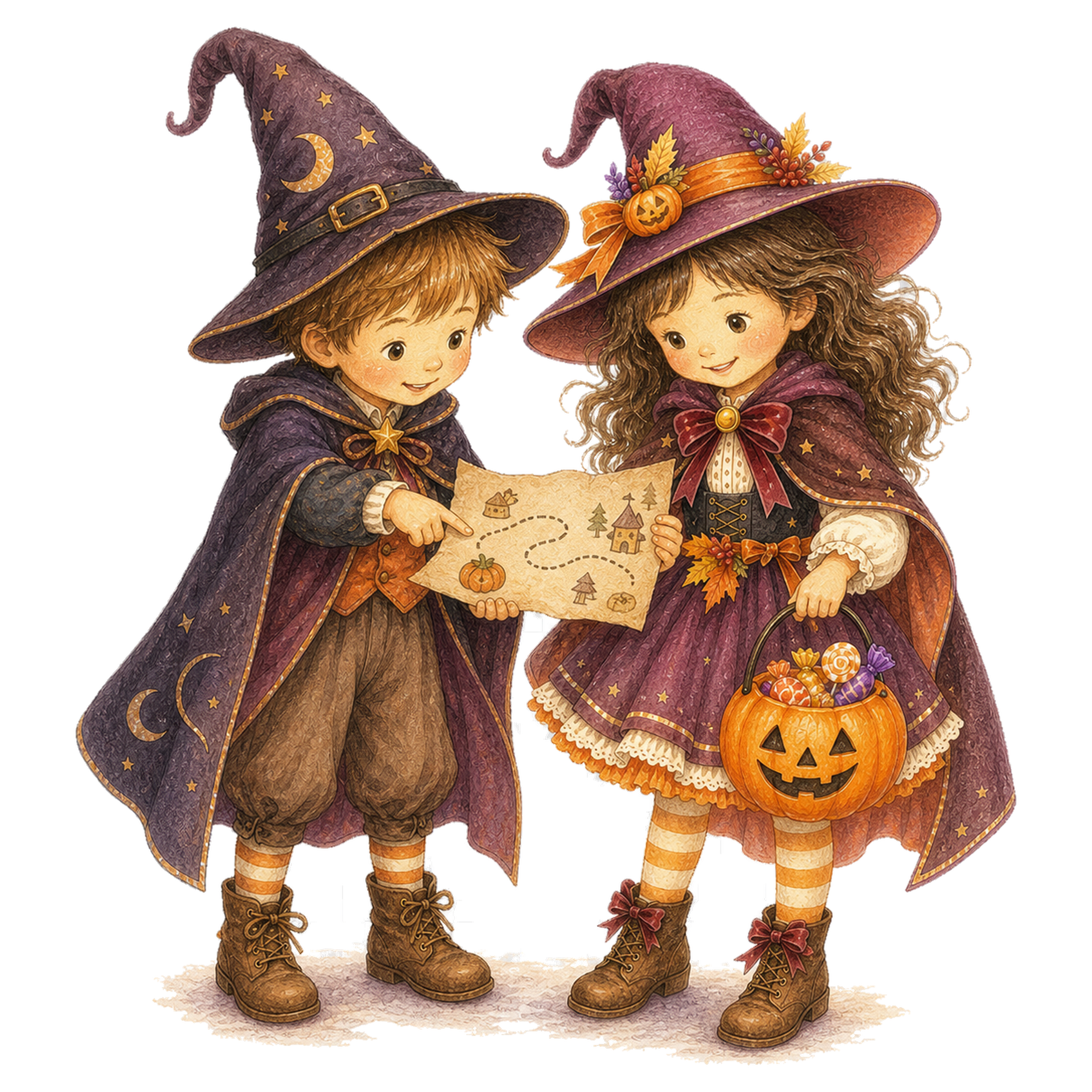 お菓子探しの地図を見る魔法使いと魔女の子どもイラスト｜ハロウィン無料素材95327に写真・文字を入れる