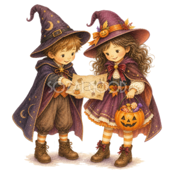 お菓子探しの地図を見る魔法使いと魔女の子どもイラスト｜ハロウィン無料素材95327