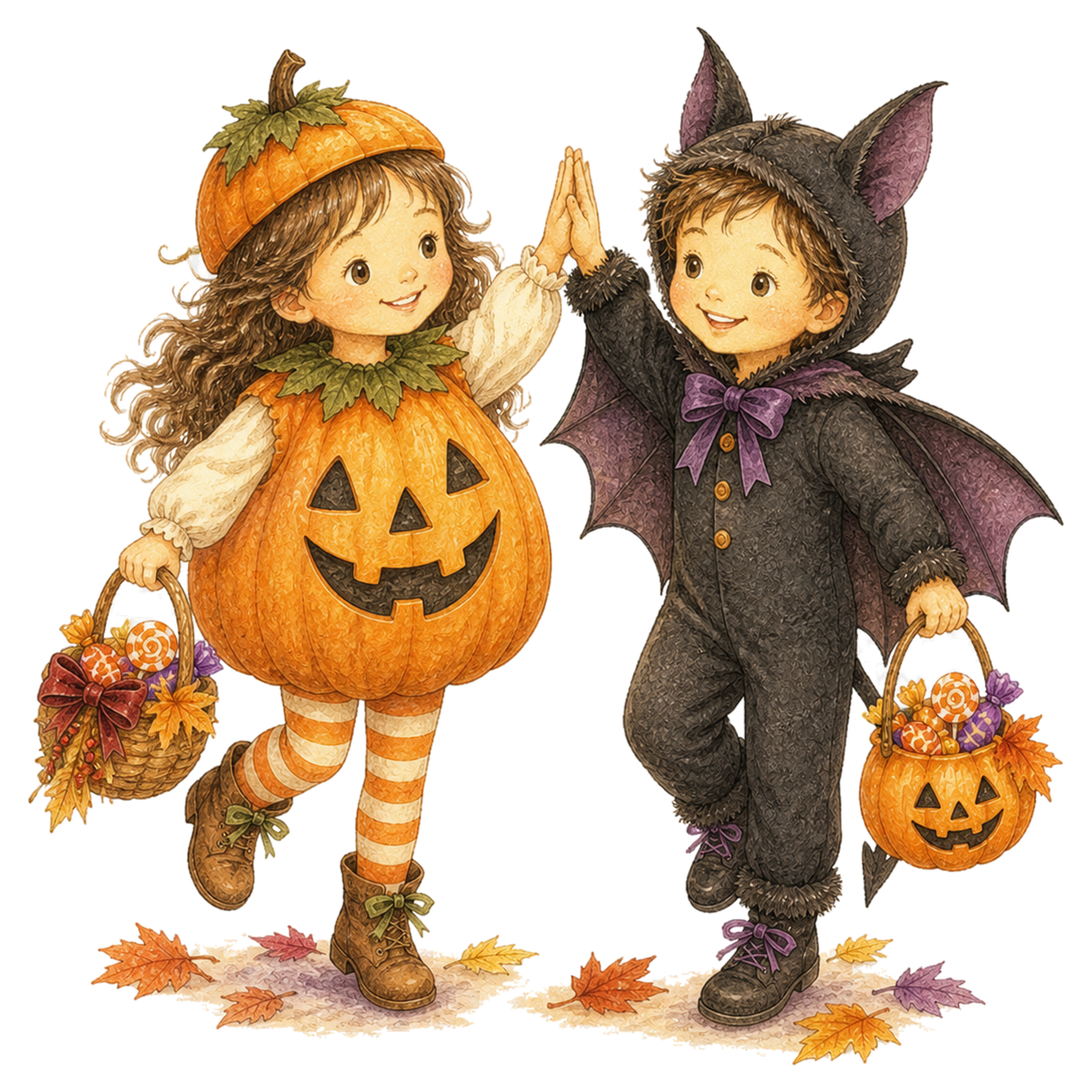 ハイタッチするかぼちゃとコウモリの子どもイラスト｜ハロウィン無料素材95328に写真・文字を入れる