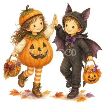 ハイタッチするかぼちゃとコウモリの子どもイラスト｜ハロウィン無料素材95328