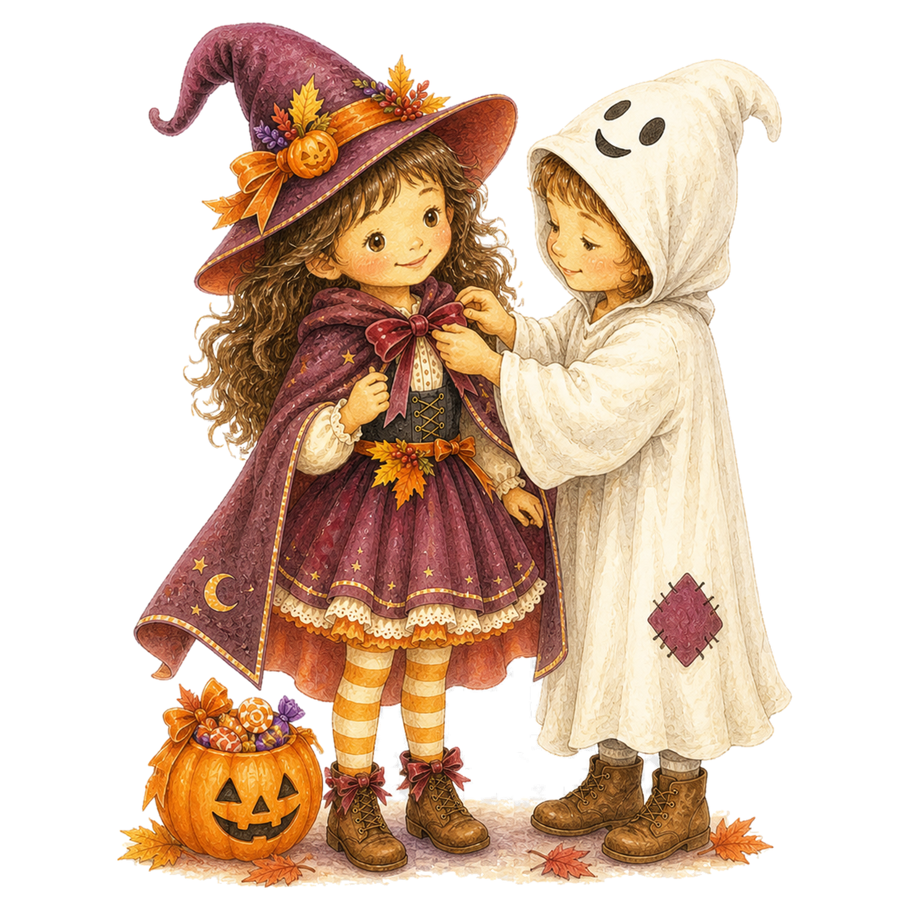 友だちのマントを整えるおばけの子どもイラスト｜ハロウィン無料素材95329に写真・文字を入れる