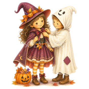 友だちのマントを整えるおばけの子どもイラスト｜ハロウィン無料素材95329