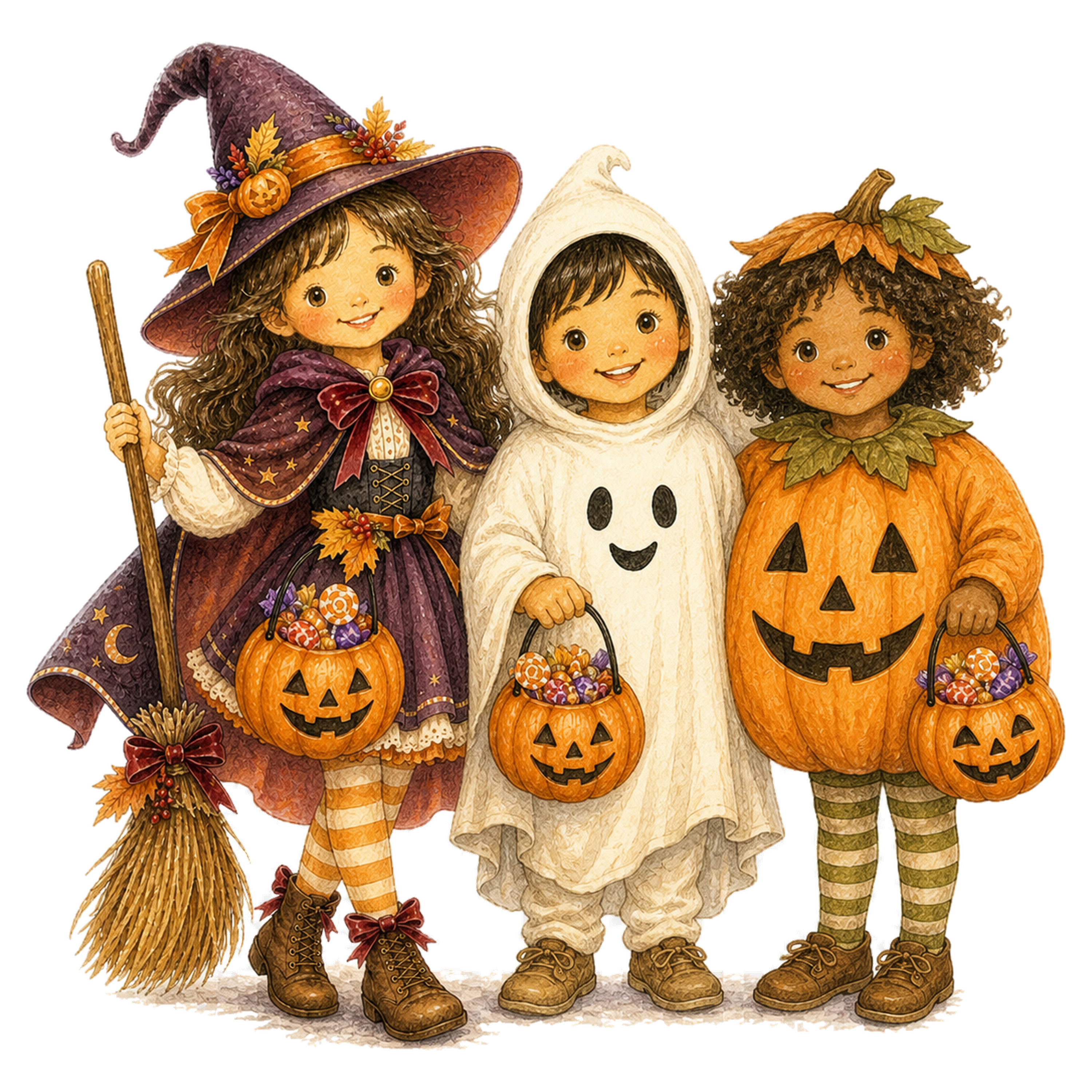 記念撮影のポーズをする仮装した子ども3人のイラスト｜ハロウィン無料素材95331に写真・文字を入れる