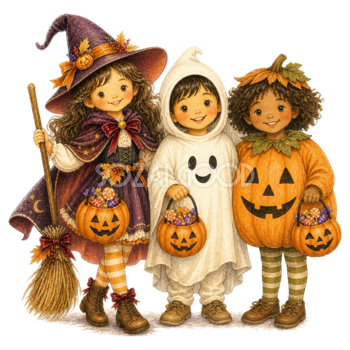 記念撮影のポーズをする仮装した子ども3人のイラスト｜ハロウィン無料素材95331