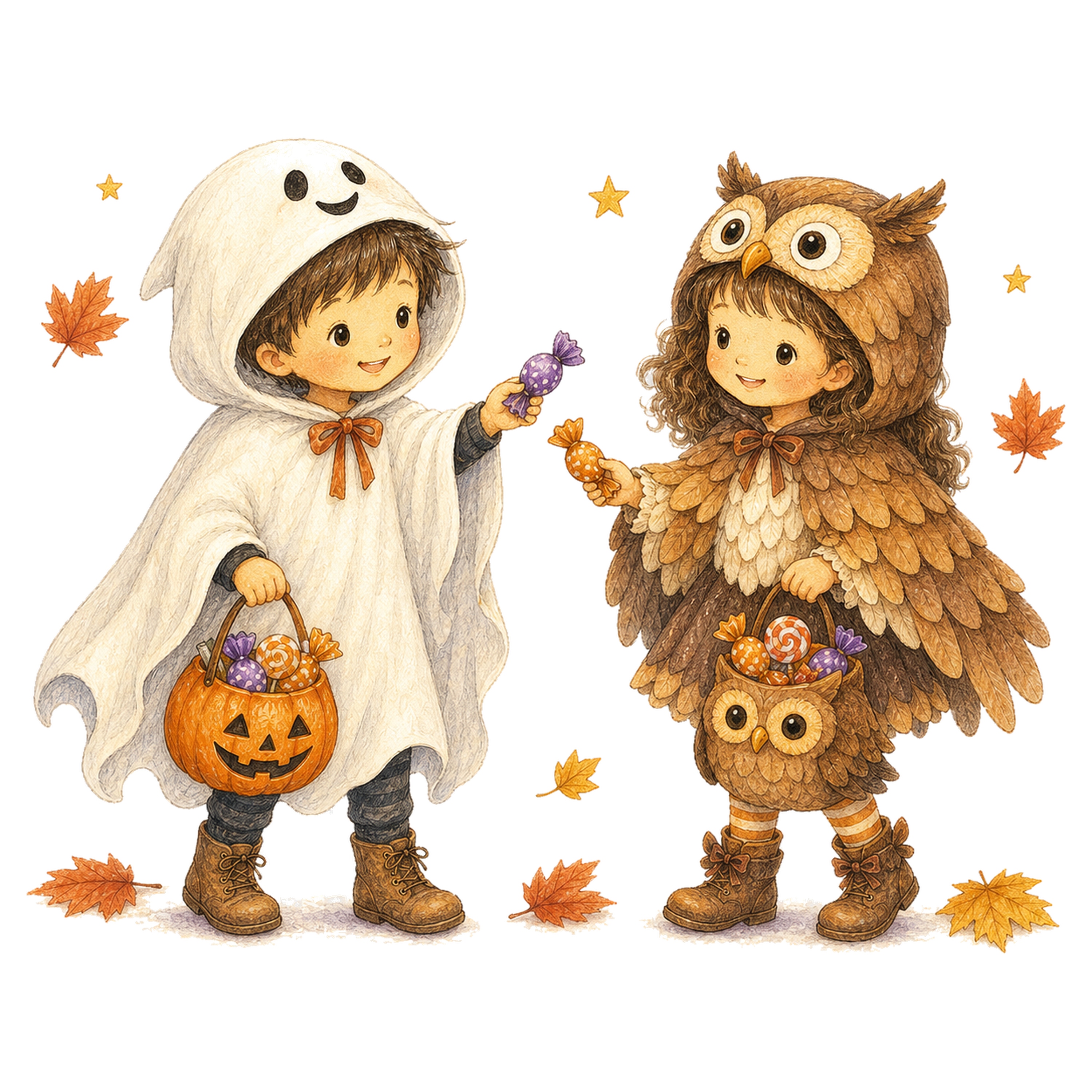 キャンディーを交換するおばけとフクロウの子どもイラスト｜ハロウィン無料素材95332に写真・文字を入れる