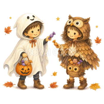 キャンディーを交換するおばけとフクロウの子どもイラスト｜ハロウィン無料素材95332