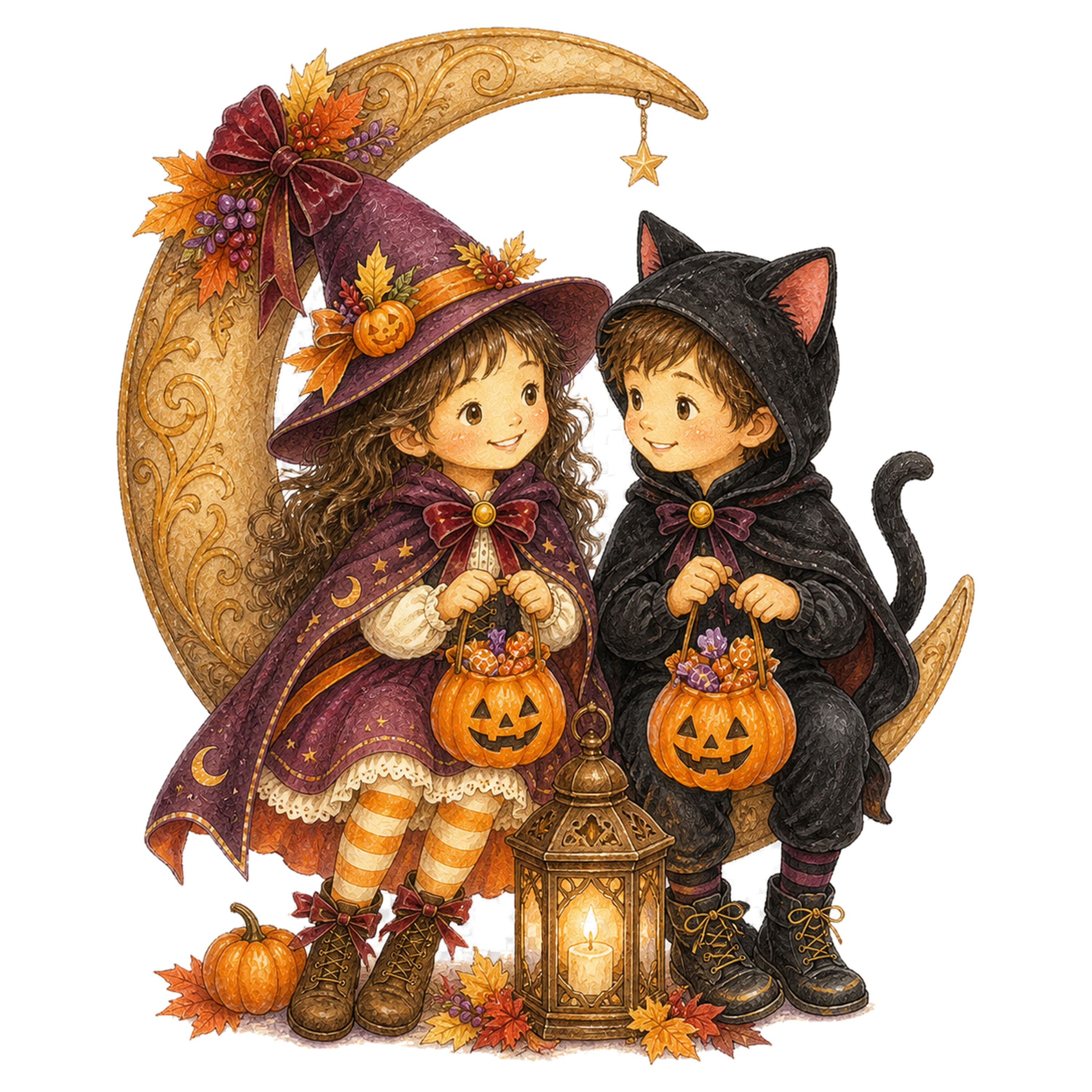三日月とランタンを囲む魔女と黒猫の子どもイラスト｜ハロウィン無料素材95333に写真・文字を入れる