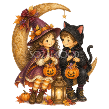 三日月とランタンを囲む魔女と黒猫の子どもイラスト｜ハロウィン無料素材95333