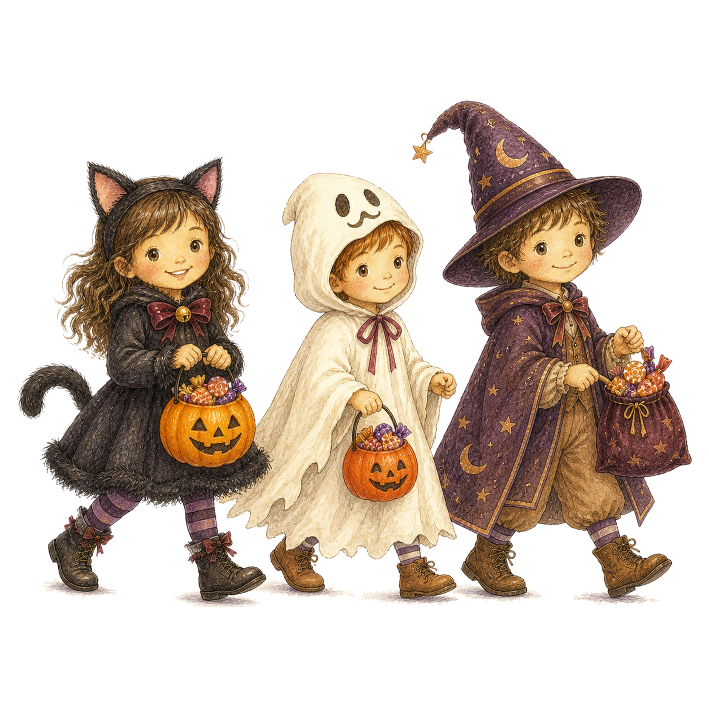 お菓子袋を持って一列に歩く仮装した子どもイラスト｜ハロウィン無料素材95334に写真・文字を入れる