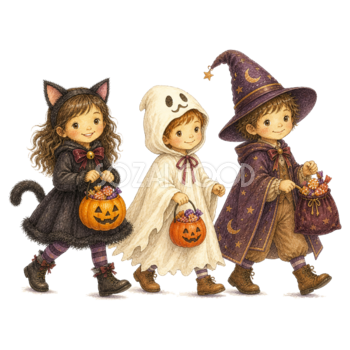 お菓子袋を持って一列に歩く仮装した子どもイラスト｜ハロウィン無料素材95334