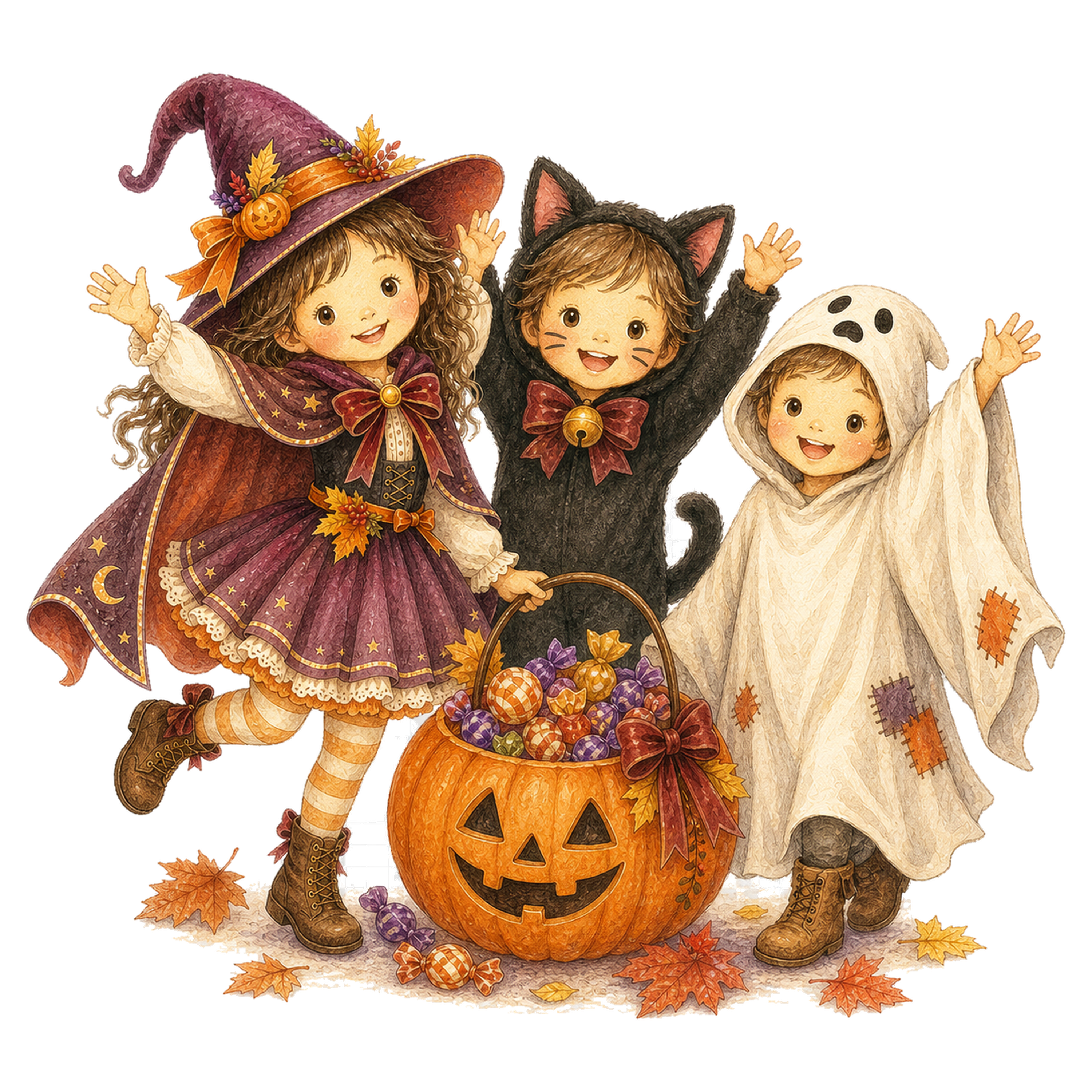 お菓子かごを囲んで喜ぶ仮装した子ども3人のイラスト｜ハロウィン無料素材95336に写真・文字を入れる