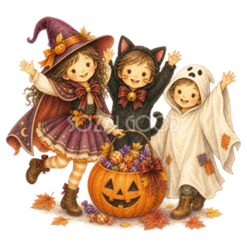 お菓子かごを囲んで喜ぶ仮装した子ども3人のイラスト｜ハロウィン無料素材95336