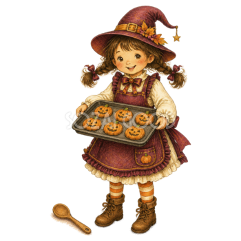 かぼちゃクッキーを焼く子どものハロウィンイラスト95338