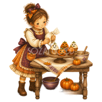 カップケーキを飾る子どものハロウィンイラスト95340