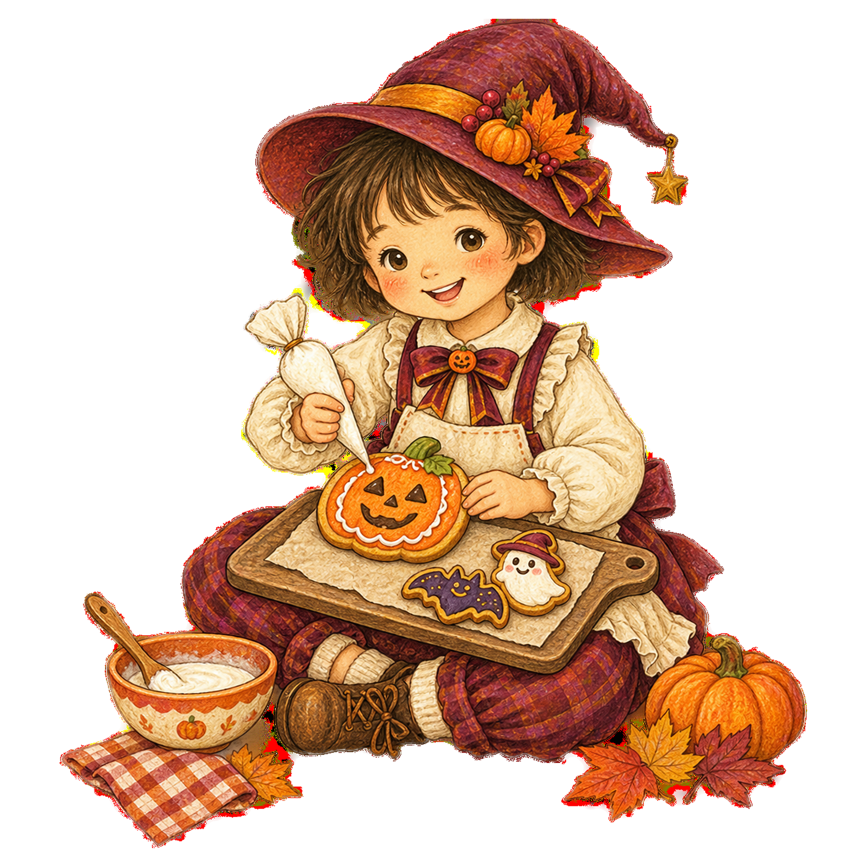 かぼちゃクッキーにアイシングする子どものハロウィンイラスト95342に写真・文字を入れる