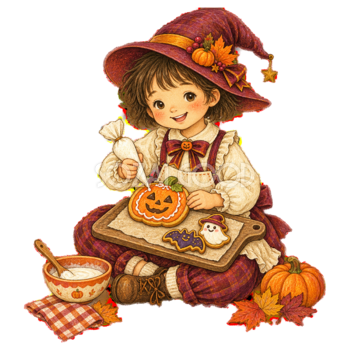 かぼちゃクッキーにアイシングする子どものハロウィンイラスト95342