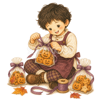 お菓子をラッピングする子どものハロウィンイラスト95346