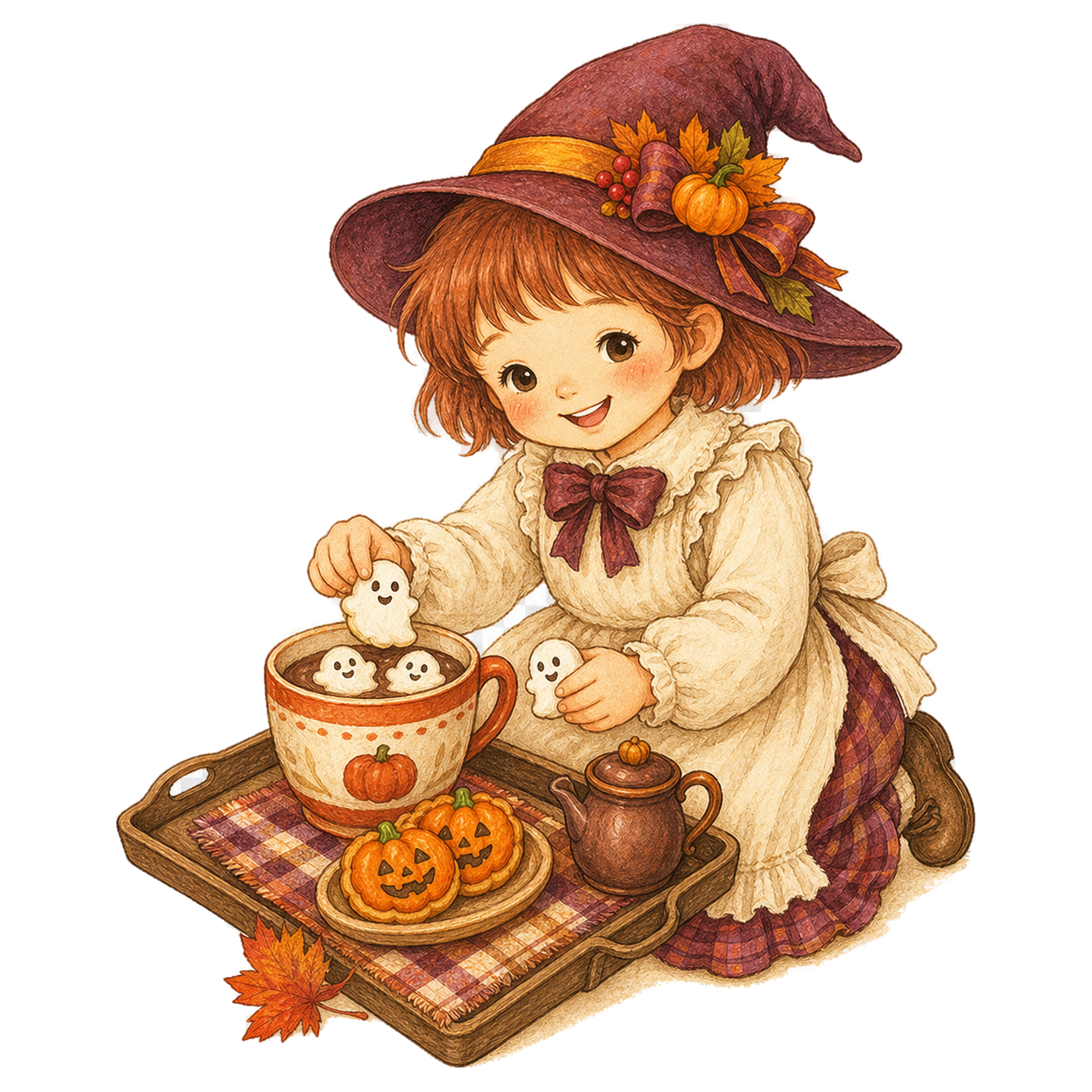 おばけマシュマロのココアを楽しむ子どものハロウィンイラスト95348に写真・文字を入れる