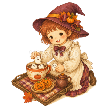 おばけマシュマロのココアを楽しむ子どものハロウィンイラスト95348