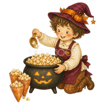 大鍋でポップコーンを作る子どものハロウィンイラスト95349