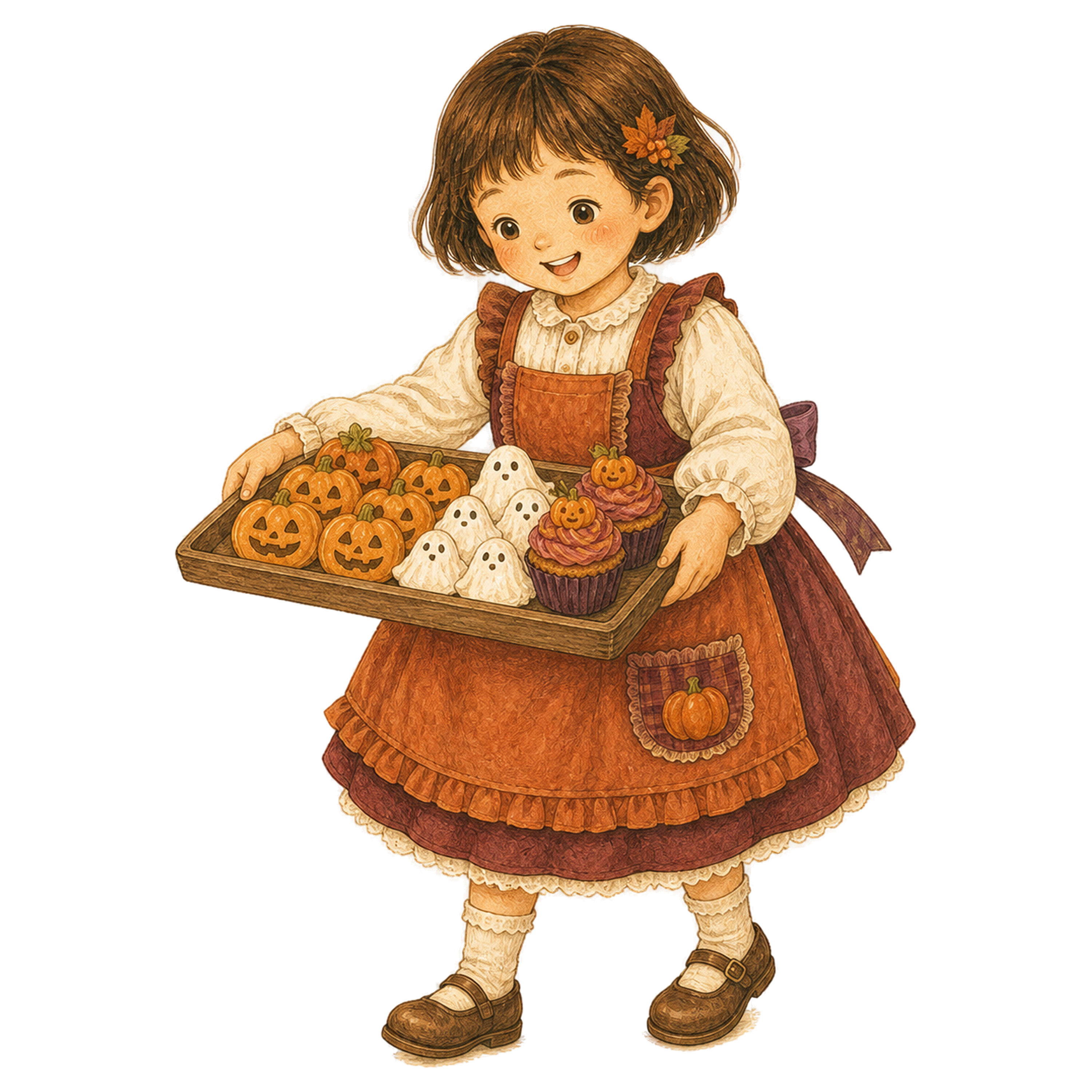お菓子のトレーを運ぶ子どものハロウィンイラスト95350に写真・文字を入れる