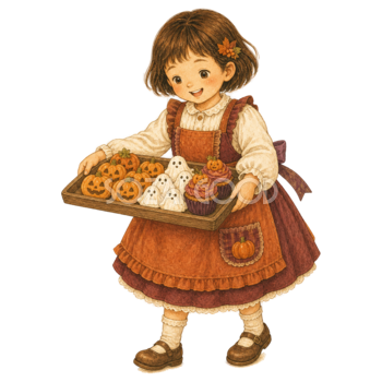 お菓子のトレーを運ぶ子どものハロウィンイラスト95350