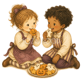 友達とクッキーを味見する子どものハロウィンイラスト95351