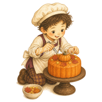 かぼちゃケーキを飾る子どものハロウィンイラスト95352