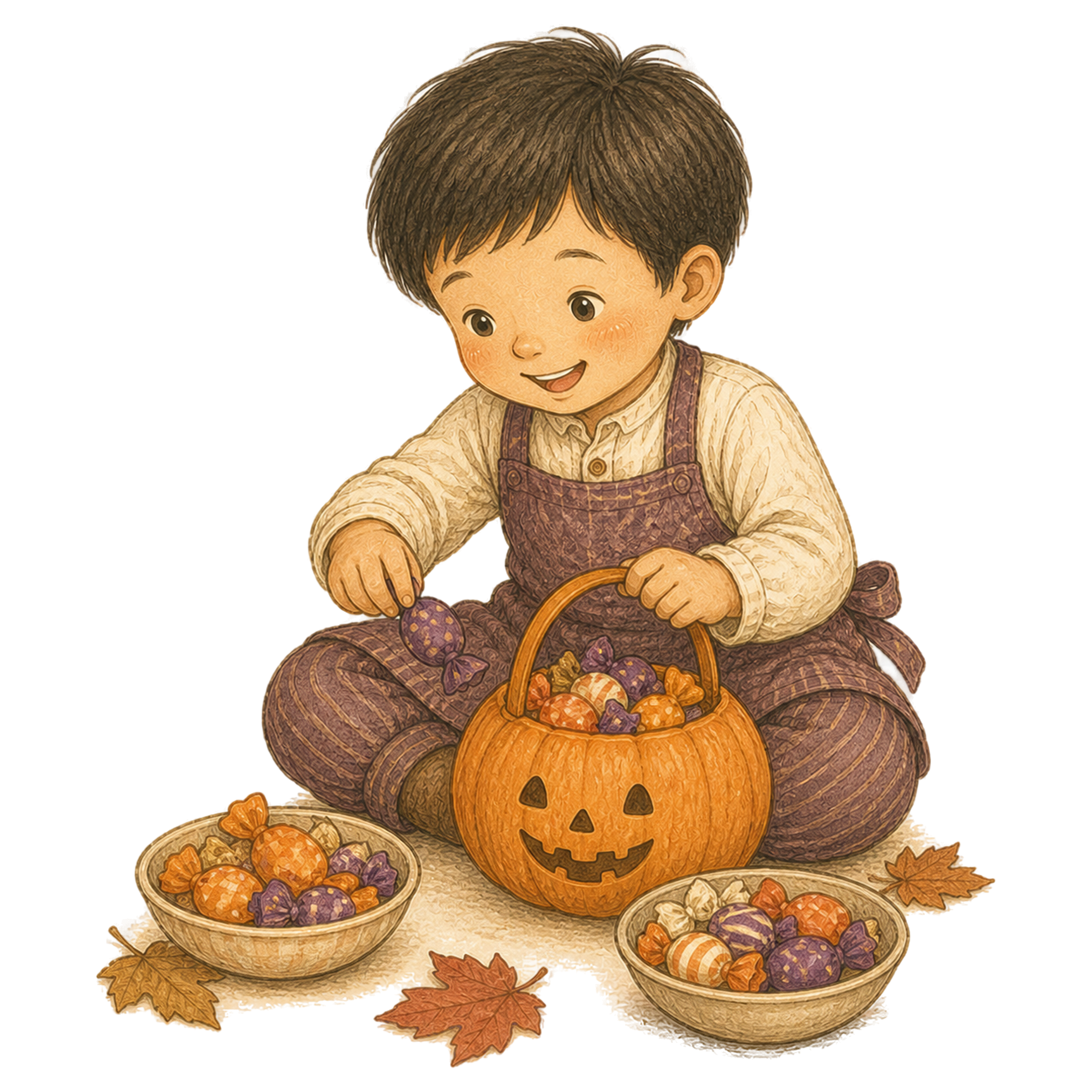 キャンディーバスケットを準備する子どものハロウィンイラスト95356に写真・文字を入れる