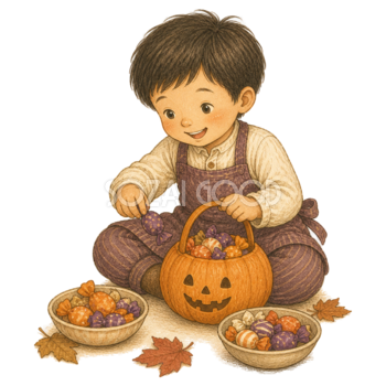 キャンディーバスケットを準備する子どものハロウィンイラスト95356