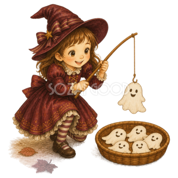 おばけ釣りゲームを楽しむ女の子のハロウィンイラスト｜無料素材95380