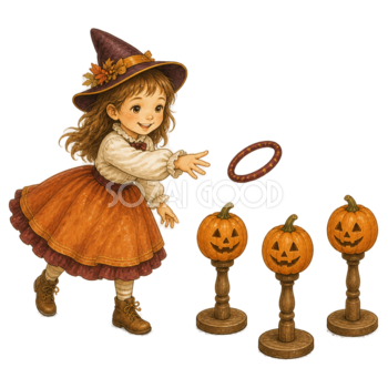 かぼちゃの輪投げを楽しむ女の子のハロウィンイラスト｜無料素材95382
