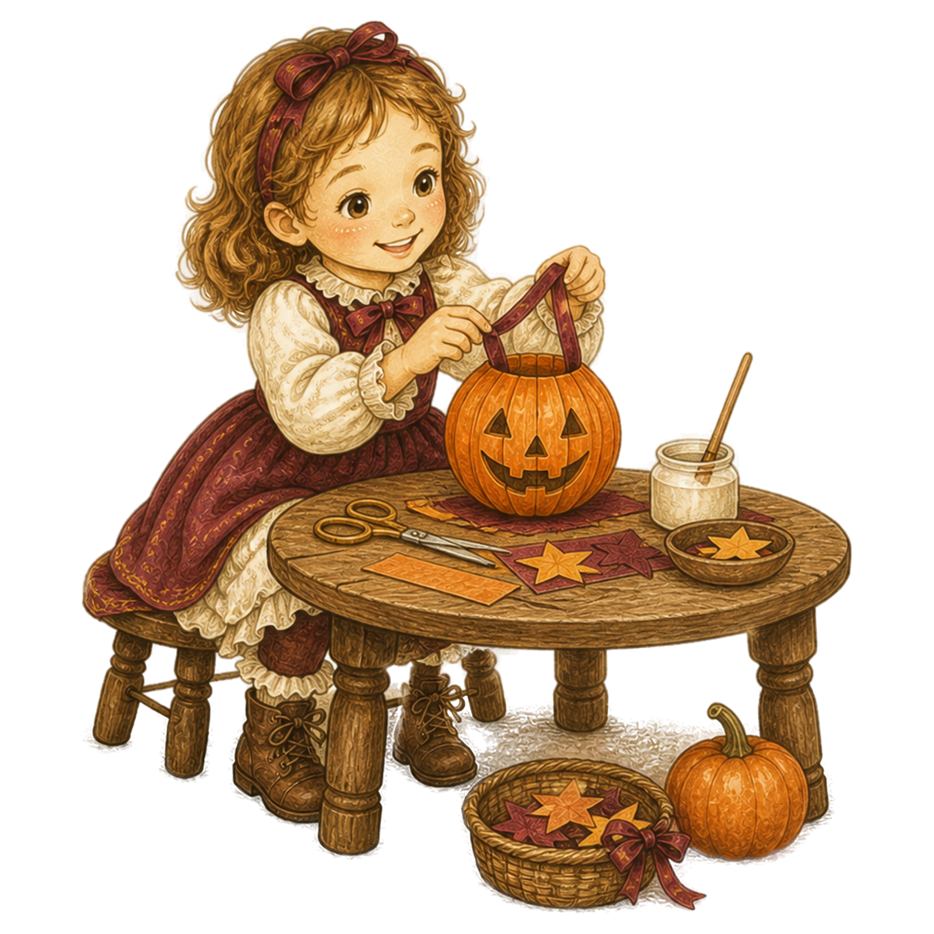紙のかぼちゃランタンを作る女の子のハロウィンイラスト｜無料素材95384に写真・文字を入れる