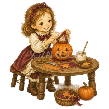 紙のかぼちゃランタンを作る女の子のハロウィンイラスト｜無料素材95384