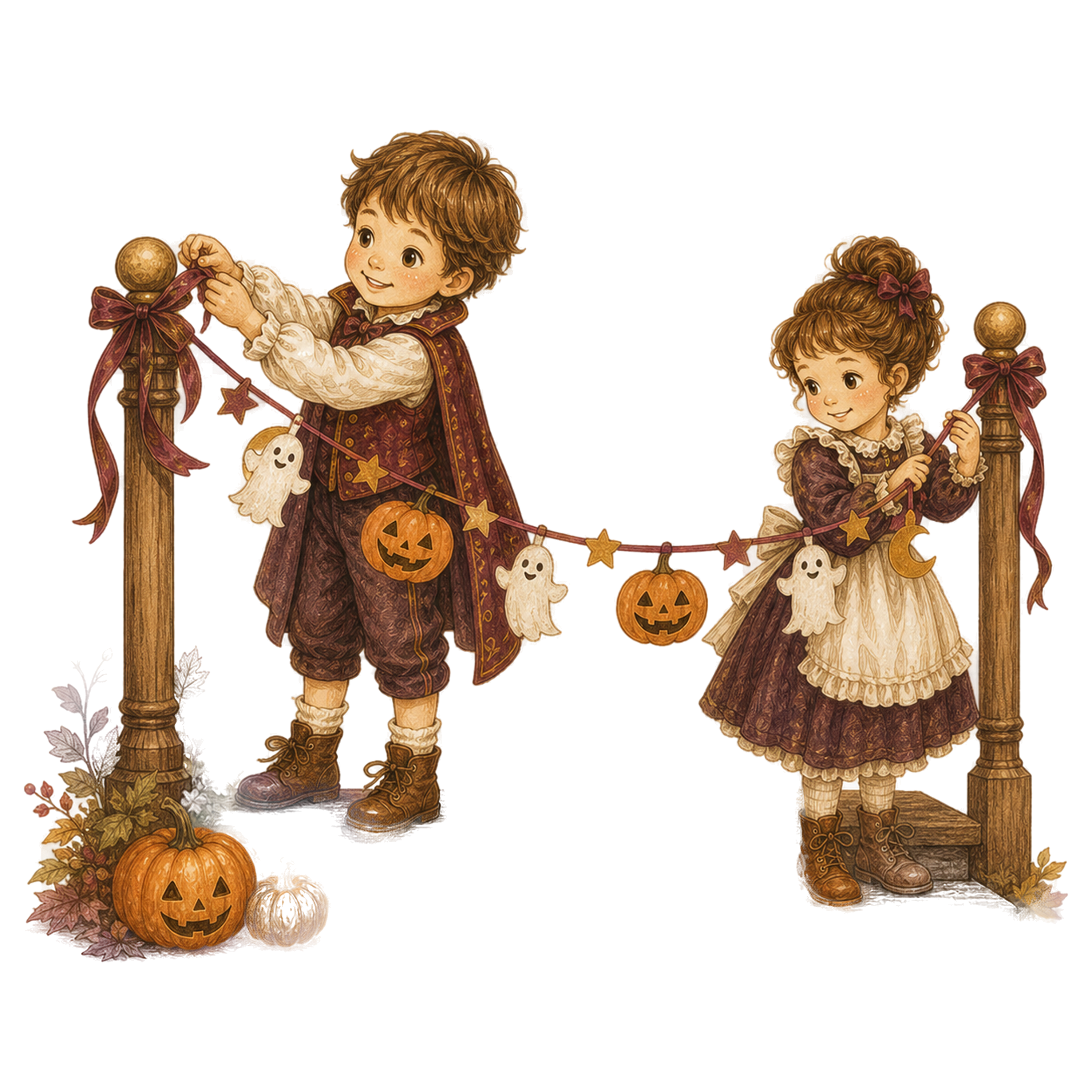 ガーランドを飾り付ける子どものハロウィンイラスト｜無料素材95385に写真・文字を入れる