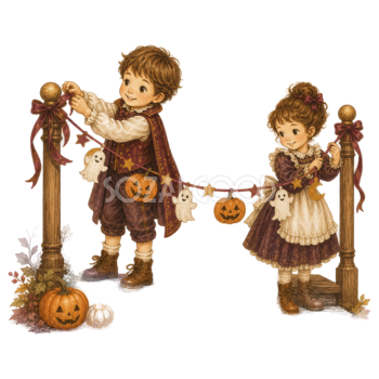 ガーランドを飾り付ける子どものハロウィンイラスト｜無料素材95385