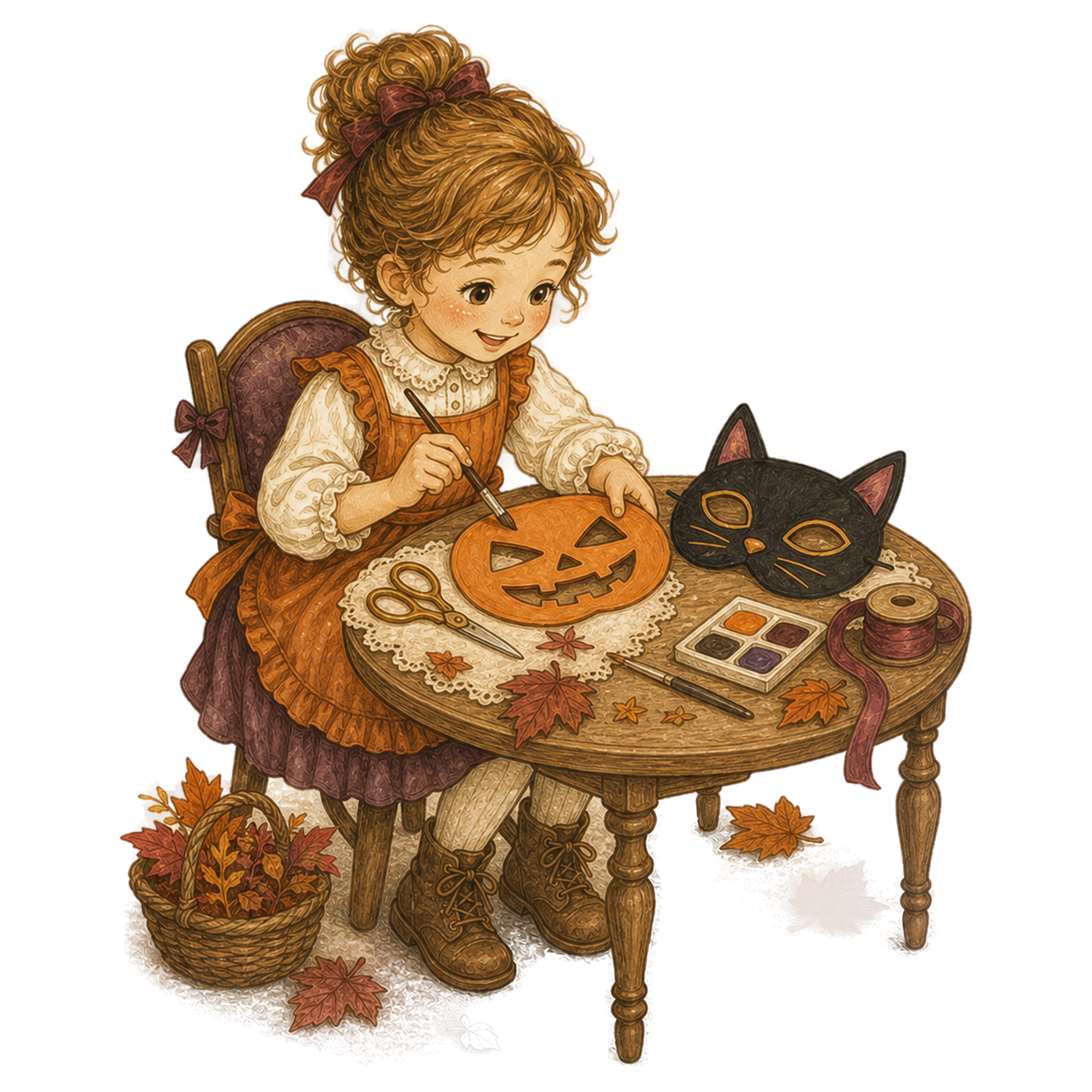 かぼちゃと黒猫のお面を作る女の子のハロウィンイラスト｜無料素材95386に写真・文字を入れる