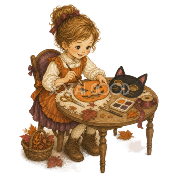 かぼちゃと黒猫のお面を作る女の子のハロウィンイラスト｜無料素材95386