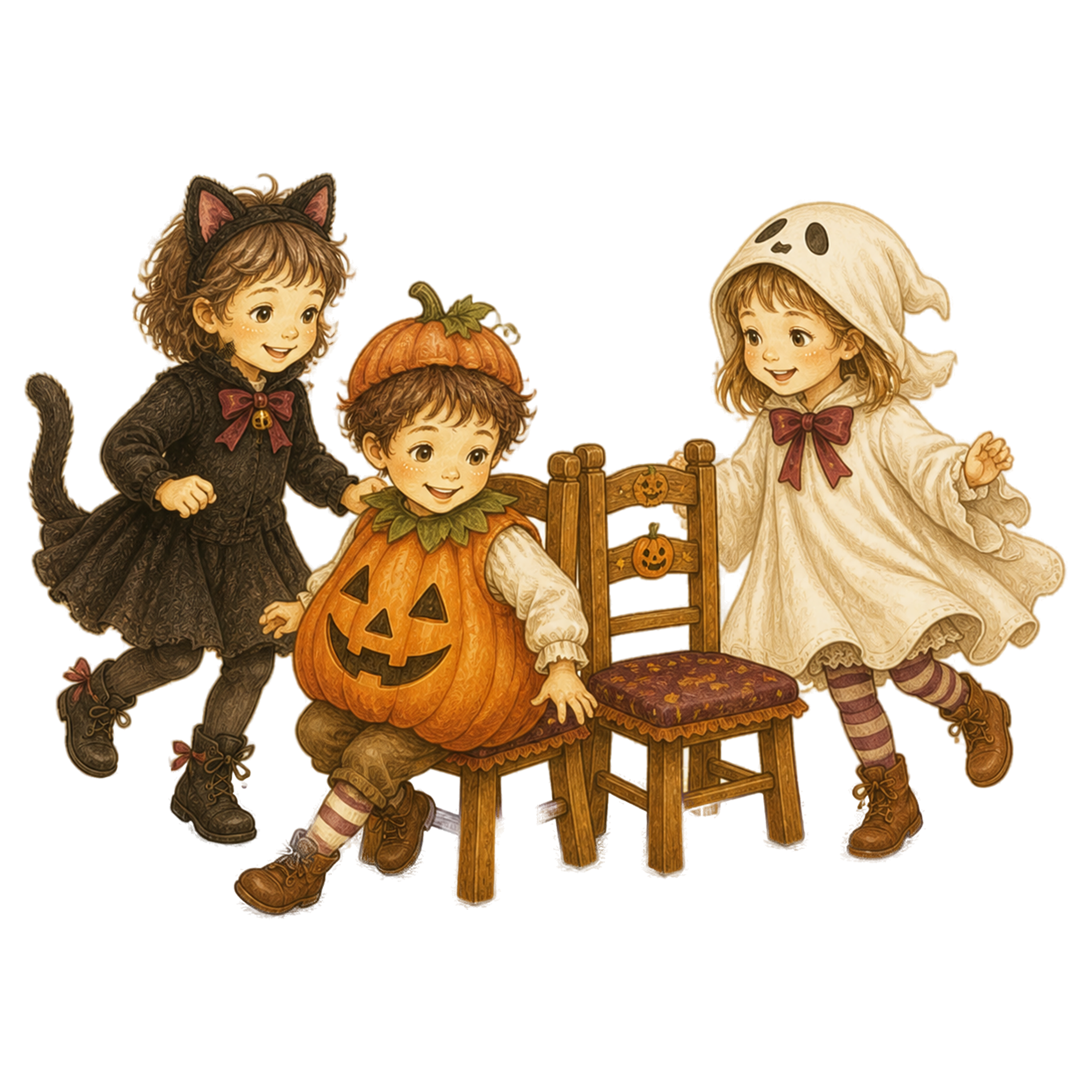 椅子取りゲームを楽しむ子どものハロウィンイラスト｜無料素材95389に写真・文字を入れる